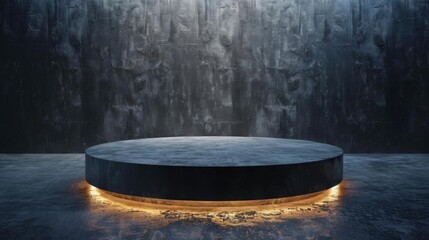 Minimalist podium on a dark, textured floor, providing a subtle yet impactful showcase for bright or metallic objects