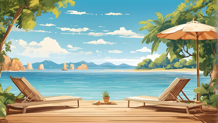 Obraz premium An inviting illustration of a peaceful beach setup with two lounge chairs, a white parasol, and tranquil sea view