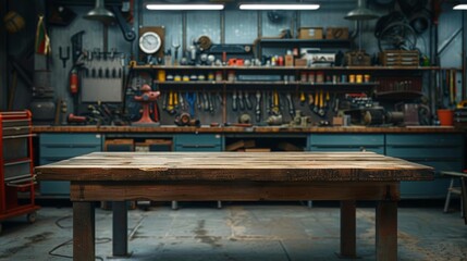 Industrial wooden table in a mechanics garage, with wideopen space for automotive products and tools