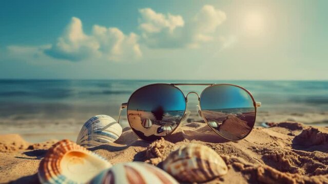 reflective sunglasses on sandy beach capturing seaside view