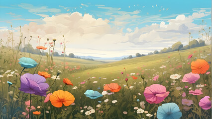 A beautiful panorama of wildflowers with vibrant colors in a meadow under a clear blue sky