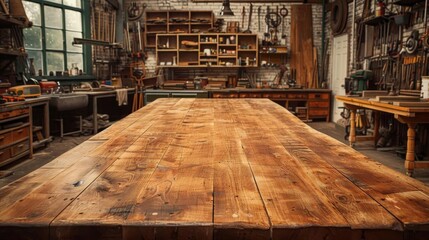 Heavyduty wooden table in a workshop, with a large, unoccupied surface ideal for tool and craft product placements