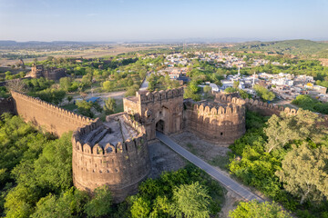 Fototapeta na wymiar Aerial view of ruins of Rohtas fort Pakistan, The central gate and the walls.