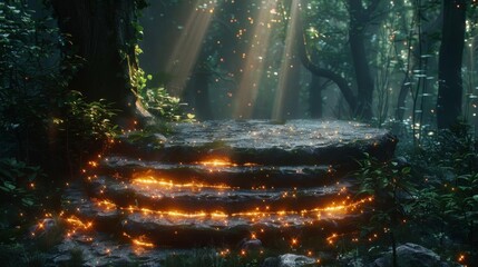 Glowing podium in a mystical forest at night, ideal for fantasy books and magical themed products