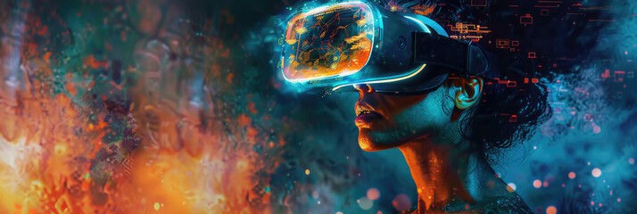 Obraz premium Young woman uses VR headset on abstract dark panoramic background, portrait of girl wearing futuristic glasses and fire. Theme of technology, virtual reality, future, banner