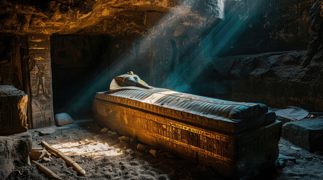 Ancient Egyptian tomb interior, old painted luxury sarcophagus in sunlight in Egypt. Theme of pharaoh, antique, history, mummy, art, grave