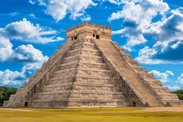 Photo of the view of the pyramid in the archaeological site of chichen itza in yucatan. Generative AI