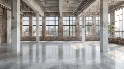 Expansive empty industrial loft with high ceilings, bare walls, and large windows, perfect for a clean and modern aesthetic