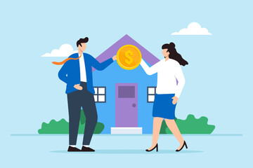 Businessman over dollar coin to new homeowner, illustrating making down payment for purchasing house. Concept of mortgage or real estate loan, saving for new home, investing in property rental