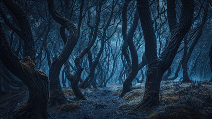 Dark spooky woods at night, path in scary fairy tale forest, landscape with dry trees. Theme of fantasy, haunted nature, Halloween, background.