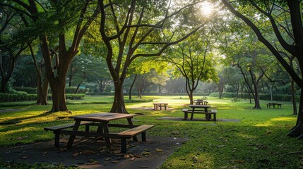 Fototapeta premium Empty picnic area in a park with tables and a green environment, perfect for social gathering themes