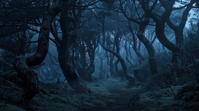 Dark spooky woods at mystic night, path in scary fairy tale forest, creepy landscape with dry trees. Theme of fantasy, horror, haunted nature, Halloween