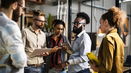 A diverse group of business professionals collaborating in a modern office setting