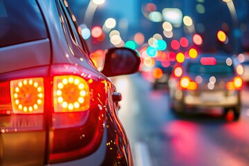 Car taillight on the road at night city