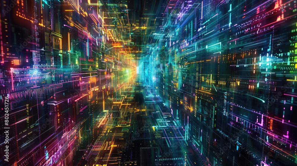 Wall mural abstract digital background, dark futuristic tunnel in cyber space with data lights. theme of techno