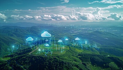 Cloud computing icons floating over a digital landscape, perfect for cloud service provider advertisements or tech infrastructure explainers
