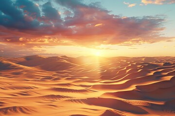 Sahara desert dunes with sand waves on sunset sky background