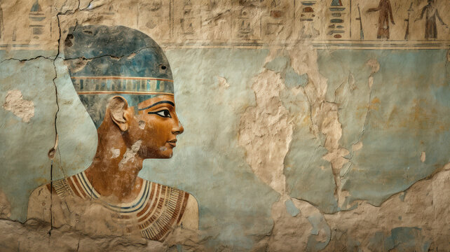 Ancient Egyptian damaged painting of people on old wall, vintage fresco texture background. Theme of Egypt, art, antique, pharaoh portrait, face, history