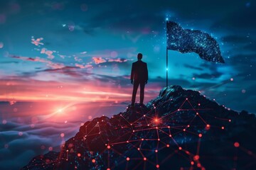 Businessman planting a flag on a virtual mountain in a digital world, indicating innovative success in tech
