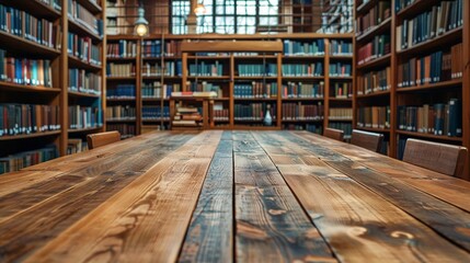 Broad wooden table in a library, with room for book releases and educational technology ads