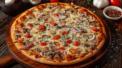 A delicious Italian pizza on a wooden table. It's made with mushrooms, tomatoes, cheese, onions, olive oil, pepper, salt, basil and olives.