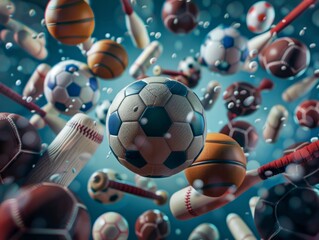 An energetic sports scene with soccer balls, basketballs, and baseball bats 