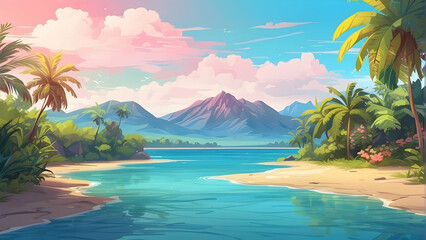 Obraz premium Idyllic tropical setting with a view of distant mountains, clear blue river, lush palm trees, and vibrant sky at sunset