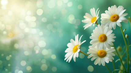 Obraz premium White daisies on a pale green background with bokeh and copy space