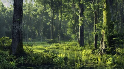 Calm green forest hyper realistic 