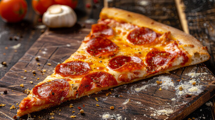 A hot slice of Italian pizza with gooey cheese. Pepperoni pizza on a dark wooden table.