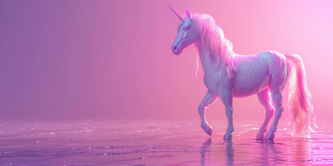 Fototapeta premium Enchanting unicorn in water illuminated by pink light with glowing mane standing gracefully