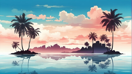 Striking digital art of vivid palm trees silhouettes against a dreamy pink and blue sky reflecting on calm water