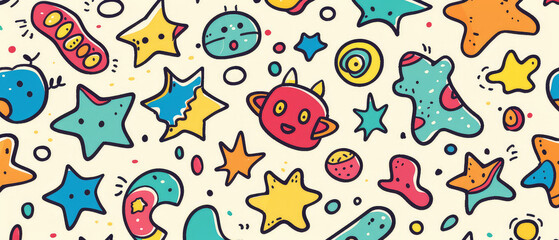 Colorful space-themed doodle pattern design