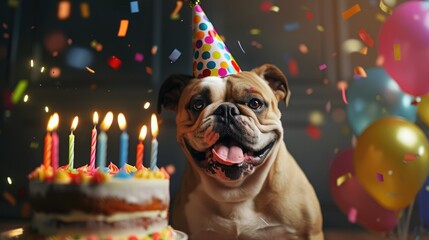 Naklejka premium a jubilant dog dons a birthday hat, seated before a cake adorned with candles, set against a light blue backdrop with pink confetti swirling in the air.