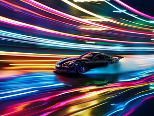 Obraz premium Black sports car in motion with colorful light streaks showcasing speed and technology.