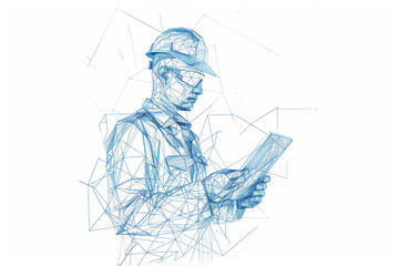 A man in a hard hat is reading a tablet