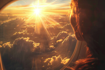A woman is looking out the window of an airplane at the sun
