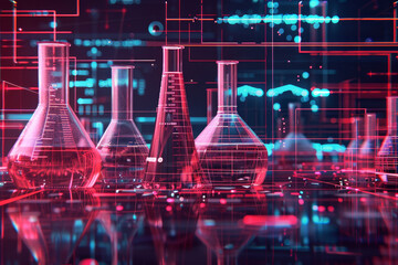 A group of beakers and test tubes are shown in a computer-generated image