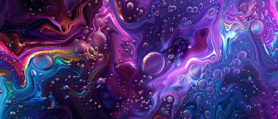 Purple and blue abstract with fluid shapes and bubbles