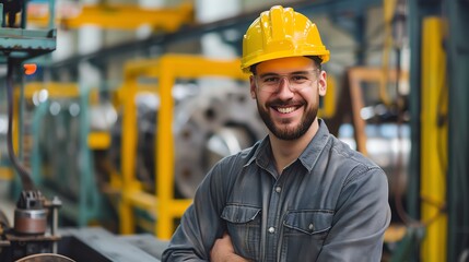 A smiling mechanical worker engineering with hardhat working in factory