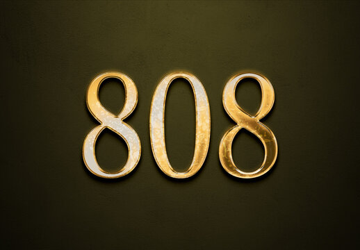 Old gold effect of 808 number with 3D glossy style Mockup.	