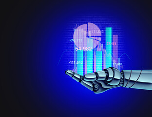 AI investing and Artificial intelligence financial services and digital online banking as a robotic hand with stock market and bank symbols representing internet trading or cryptocurrency technologies