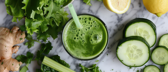 Obraz premium Overhead view of green detox smoothie
