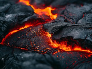 Close-up of vivid molten lava with bright orange glow amidst black volcanic rock. - obrazy, fototapety, plakaty