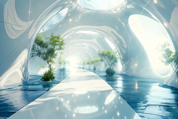 Modern interior with trees. 3d rendering. Futuristic architecture.