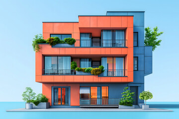 Modern apartment building exterior on blue sky background. 3d rendering.