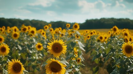 A field of sunflowers swaying gently in the breeze.