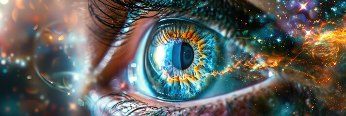 Cosmic-themed human eye with star reflections