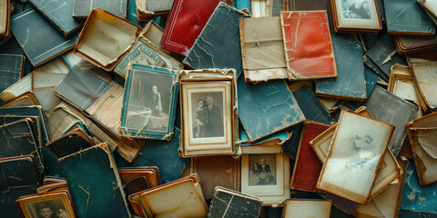 Stack of old photo albums and memories piled up in a nostalgic display of vintage photographs and cherished moments