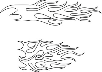 Fototapeta premium Tribal black fire flames tattoo design. Fire and flaming line or outline icon set. Contour bonfire, linear flaming elements isolated on transparent background. Hand drawn monochrome vector collection.